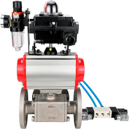 Кран шаровой BV3232P(4pc)-FP-3WL-F Ду50 Ру16 полнопроходной трехходовой, фланцевый, корпус - нержавеющая сталь SS316, с пневмоприводом PA-SA-105 с возвратными пружинами, пневмораспределителем 4V320-10 AC220V, БКВ APL-410N EX и БПВ AFC2000