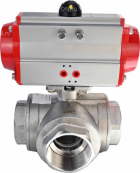 Кран шаровой BV3232P(4pc)-SP-3WL-T-ISO-H Ду50 Ру63 стандартнопроходной L-тип, трехходовой, нержавеющая сталь SS316, внутренняя резьба, уплотнение - PTFE, с пневмоприводом PA-DA-65 двойного действия
