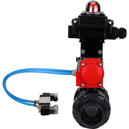 Кран шаровой BV4242E-FP-GRM-ISO Дн100 Ру10 полнопроходной, корпус - НПВХ, шар - НПВХ, уплотнение - EPDM, с пневмоприводом PA-SA-083, пневмораспределителем 4V320-08 AC220V и БКВ APL-410N EX