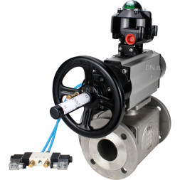 Кран шаровой BV3232P(4pc)-FP-3WL-F Ду100 Ру16 полнопроходной трехходовой, фланцевый, корпус - нержавеющая сталь SS316, с пневмоприводом PA-DA-105-1 двойного действия, пневмораспределителем 4V320-08 AC220V и БКВ APL-510N EX