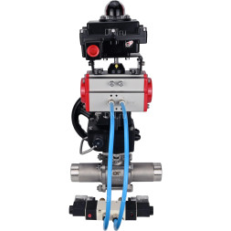 Кран шаровой BV3131P(3pc)-FP-W-ISO-H LONG Ду32 Ру40, полнопроходной, нержавеющая сталь 304, уплотнение - PTFE, под приварку, с пневмоприводом PA-DA-052, с пневмораспределителем 4V320-10 AC220V, БКВ APL-410N Ex, ручным дублером MON1-250-T26-ISO