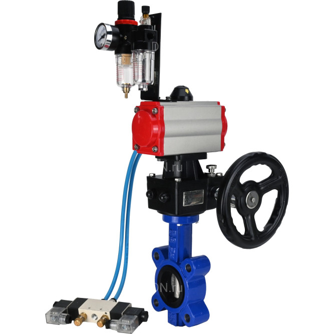 Затвор дисковый поворотный WBV1631E-2W-Fb-H Ду125 Ру16 LUG корпус - чугун QT450, диск - нержавеющая сталь 304, уплотнение - EPDM, с пневмоприводом PA-DA-105, пневмораспределителем 4V320-10 AC220V, редуктором MON3-700-T38-ISO и БПВ AFC2000 в Уфе