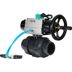 Кран шаровой BV4242E-FP-GRM-ISO Дн100 Ру10 полнопроходной, корпус - НПВХ, шар - НПВХ, уплотнение - EPDM, с пневмоприводом PA-DA-105-1, пневмораспределителем 4V320-08 AC220V и магнитным переключателем ALS200D