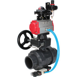 Кран шаровой BV4242E-FP-GRM-ISO Дн15 Ру10 полнопроходной, корпус - НПВХ, шар - НПВХ, уплотнение - EPDM, с пневмоприводом PA-DA-052, пневмораспределителем 4V320-08 AC220V, ручным дублером MON1-250-T26-ISO, БКВ APL-210N и БПВ AFC2000