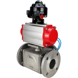 Кран шаровой BV3232P(4pc)-FP-3WL-F Ду20 Ру16 полнопроходной трехходовой, фланцевый, корпус - нержавеющая сталь SS316, с пневмоприводом PA-SA-065 с возвратными пружинами, пневмораспределителем 4V320-10 AC220V и БКВ APL-510N EX