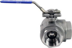 Кран шаровой BV3232P(4pc)-SP-3WT-T-ISO-H Ду25 Ру63, 3-ходовой T-тип стандартнопроходной, внутренняя резьба, уплотнение - PTFE, материал корпуса - нержавеющая сталь SS316 с ISO фланцем и рукояткой