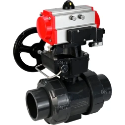 Кран шаровой BV4242E-FP-GRM-ISO Дн32 Ру10 полнопроходной, корпус - НПВХ, шар - НПВХ, уплотнение - EPDM, с пневмоприводом PA-DA-052, пневмораспределителем 4M310-08 AC220V и ручным дублером MON1-250-T26-ISO