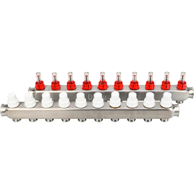 Коллекторная группа GC1-31-10 1″ Ду25 Ру10 отводов — 10, в сборе с расходомерами и терморегулирующими клапанами, без переходников, корпус - нержавеющая сталь AISI 304 в Уфе