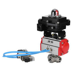 Кран шаровой BV3232P(4pc)-SP-3WL-T-ISO-H Ду32 Ру63, стандартнопроходной, четырехсоставной, корпус - нержавеющая сталь 316, уплотнение - PTFE, внутренняя резьба, с пневмоприводом PA-DA-052, пневмораспределителем 4V320-08 AC220V, БКВ APL-410N Ex