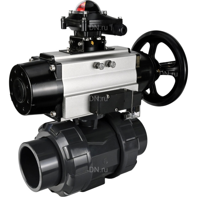 Кран шаровой BV4242E-FP-GRM-ISO Дн100 Ру10 полнопроходной, корпус - НПВХ, шар - НПВХ, уплотнение - EPDM, с пневмоприводом PA-DA-105-1, пневмораспределителем 4M310-08 DC24V и БКВ APL-210N в Уфе