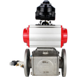 Кран шаровой BV3232P(4pc)-FP-3WL-F Ду40 Ру16 полнопроходной трехходовой, фланцевый, корпус - нержавеющая сталь SS316, с пневмоприводом PA-SA-105 с возвратными пружинами, пневмораспределителем 4V320-10 AC220V и БКВ APL-510N EX