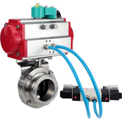 Затвор дисковый поворотный кламповый WBV3131E-2W-C-H Ду32 Ру10 корпус - пищевая нержавеющая сталь 304, уплотнение - EPDM, с пневмоприводом PA-DA-052, пневмораспределителем 4V320-08 AC220V и магнитным переключателем ALS200D