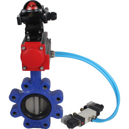 Затвор дисковый поворотный WBV1631N-2W-Fb-H Ду65 Ру16 LUG корпус - чугун QT450, диск - нержавеющая сталь 304, уплотнение - NBR, с пневмоприводом PA-DA-065, пневмораспределителем 4V320-08 AC220V и БКВ APL-210N