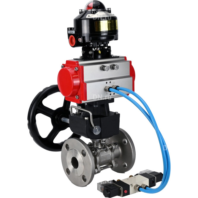 Кран шаровой BV3232P(3pc)-FP-F-ISO-H Ду32 Ру40 фланцевый, полнопроходной, трехсоставной, корпус - нерж.сталь SS316, уплотнение - PTFE, с пн.приводом PA-DA-052 пн.распределителем 4V320-10 AC220V редуктором MON1-250-T26-ISO БКВ APL-510N-EX в Уфе