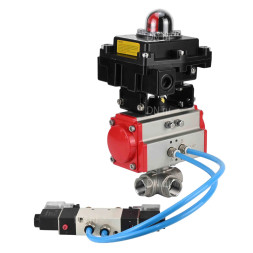 Кран шаровой BV3232P(4pc)-SP-3WL-T-ISO-H Ду32 Ру63, стандартнопроходной, четырехсоставной, корпус - нержавеющая сталь 316, уплотнение - PTFE, внутренняя резьба, с пневмоприводом PA-SA-065, пневмораспределителем 4V320-10 AC220V, БКВ APL-410N Ex
