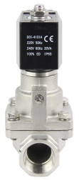Клапан электромагнитный VS1031-PT-NC-220VAC 1/2″ Ду15 Ру16 соленоидный двухходовой поршневой, резьбовой, корпус - нержавеющая сталь AISI 304, уплотнение - PTFE, пилотного действия, нормально закрытый, катушка - 220В AC