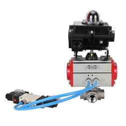Кран шаровой BV3232P(4pc)-SP-3WL-T-ISO-H Ду20 Ру63, стандартнопроходной, четырехсоставной, корпус - нержавеющая сталь 316, уплотнение - PTFE, внутренняя резьба, с пневмоприводом PA-DA-052, пневмораспределителем 4V320-10 AC220V, БКВ APL-410N Ex