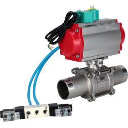 Кран шаровой BV3131P(3pc)-FP-W-ISO-H LONG Ду32 Ру40 полнопроходной, корпус - нержавеющая сталь 304, уплотнение - PTFE, под приварку, с пневмоприводом PA-DA-052, пневмораспределителем 4V320-08 AC220V и магнитным переключателем ALS200D