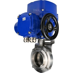 Затвор дисковый поворотный WBV3131E-2W-W-H Ду15 Ру10 под приварку, корпус - пищевая нержавеющая сталь 304, уплотнение - EPDM, с электроприводом QT-N-005M-O2-380VAC-У1 с моментной муфтой и штурвалом