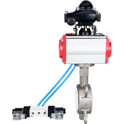 Затвор дисковый поворотный WBV3131P-2W-Fb-H Ду150 Ру16, корпус - нержавеющая сталь 304, диск - нержавеющая сталь 304, уплотнение - PTFE, с пневмоприводом PA-SA-160, пневмораспределителем 4V320-10 AC220V и БКВ APL-210N