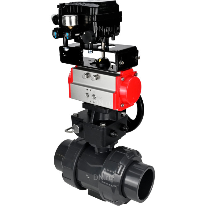 Кран шаровой BV4242E-FP-GRM-ISO Дн32 Ру10 полнопроходной, корпус - НПВХ, шар - НПВХ, уплотнение - EPDM, с пневмоприводом PA-DA-052, ручным дублером MON1-250-T26-ISO и пневмопозиционером YT-1000RSN без обратной связи в Уфе