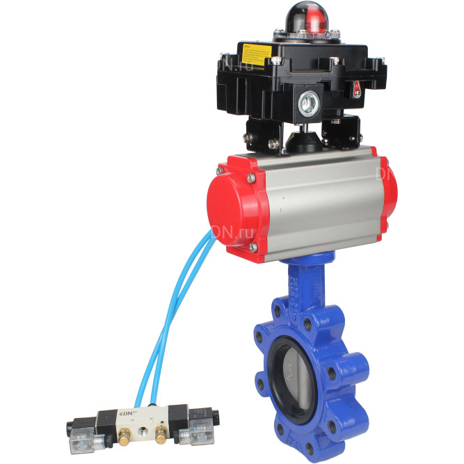 Затвор дисковый поворотный WBV1631E-2W-Fb-H Ду100 Ру16 LUG корпус - чугун QT450, диск - нержавеющая сталь 304, уплотнение - EPDM, с пневмоприводом PA-SA-130, пневмораспределителем 4V320-08 AC220V и БКВ APL-410N EX в Уфе