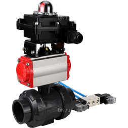 Кран шаровой BV4242E-FP-GRM-ISO Дн32 Ру10 полнопроходной, корпус - НПВХ, шар - НПВХ, уплотнение - EPDM, с пневмоприводом PA-DA-052, пневмораспределителем 4V320-10 AC220V и БКВ APL-410N EX