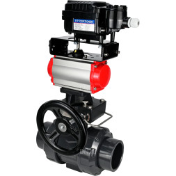 Кран шаровой BV4242E-FP-GRM-ISO Дн40 Ру10 полнопроходной, корпус - НПВХ, шар - НПВХ, уплотнение - EPDM, с пневмоприводом PA-DA-052, ручным дублером MON1-250-T26-ISO и пневмопозиционером YT-1000RSN без обратной связи