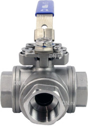Кран шаровой BV3232P(4pc)-SP-3WL-T-ISO-H Ду40 Ру63, 3-ходовой L-тип стандартнопроходной, внутренняя резьба, уплотнение - PTFE, материал корпуса - нержавеющая сталь SS316 с ISO фланцем и рукояткой