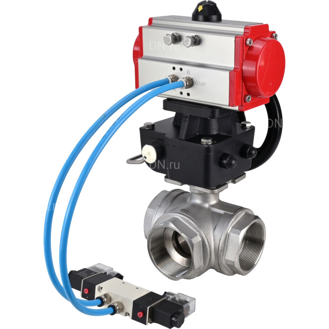 Кран шаровой BV3232P(4pc)-SP-3WL-T-ISO-H Ду25 Ру63, стандартнопроходной, четырехсоставной, нержавеющая сталь 316, PTFE, внутренняя резьба, с пневмоприводом PA-DA-052, пневмораспределителем 4V320-08 AC220V, ручным дублером MON1-250-T26-ISO в Уфе
