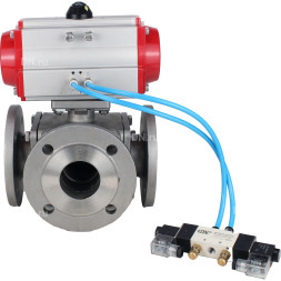 Кран шаровой BV3232P(4pc)-FP-3WL-F Ду65 Ру16 полнопроходной трехходовой, фланцевый, корпус - нержавеющая сталь SS316, с пневмоприводом PA-DA-083 двойного действия и пневмораспределителем 4V320-08 AC220V