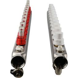 Коллекторная группа GC2-31-11 1″ Ду25 Ру10 отводов — 11, в сборе с расходомерами и терморегулирующими клапанами, дренажным краном и воздухоотводчиком, с заглушками, без переходников, корпус - нержавеющая сталь AISI 304
