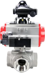 Кран шаровой BV3232P(4pc)-SP-3WL-T-ISO-H Ду50 Ру63 стандартнопроходной трехходовой L-тип, нерж. сталь SS316, внутренняя резьба, уплотнение - PTFE, пн.приводом PA-SA-083, пн.распределителем 4M310-08 DC24V и БКВ APL-210N