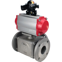 Кран шаровой BV3232P(4pc)-FP-3WL-F Ду15 Ру16 полнопроходной трехходовой, фланцевый, корпус - нержавеющая сталь SS316, с пневмоприводом PA-DA-052 двойного действия, пневмораспределителем 4V320-10 AC220V и БКВ APL-210N