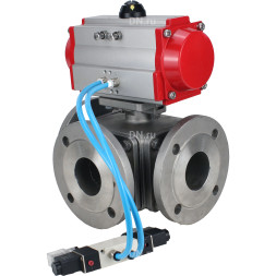 Кран шаровой BV3232P(4pc)-FP-3WL-F Ду65 Ру16 полнопроходной трехходовой, фланцевый, корпус - нержавеющая сталь SS316, с пневмоприводом PA-DA-083 двойного действия и пневмораспределителем 4V320-10 AC220V
