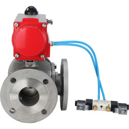 Кран шаровой BV3232P(4pc)-FP-3WL-F Ду20 Ру16 полнопроходной трехходовой, фланцевый, корпус - нержавеющая сталь SS316, с пневмоприводом PA-SA-065 с возвратными пружинами и пневмораспределителем 4V320-08 AC220V