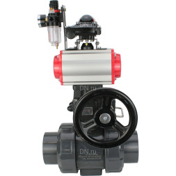 Кран шаровой BV4242E-FP-GRM-ISO Дн65 Ру10 полнопроходной, корпус - НПВХ, шар - НПВХ, уплотнение - EPDM, с пневмоприводом PA-DA-065, пневмораспределителем 4V320-10 AC220V, ручным дублером MON1-250-T26-ISO, БКВ APL-210N и БПВ AFC2000