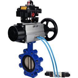 Затвор дисковый поворотный WBV1616E-2W-Fb-H Ду125 Ру16 LUG корпус - чугун QT450, диск - чугун QT450, уплотнение - EPDM, с пневмоприводом PA-DA-105-1, пневмораспределителем 4V320-08 AC220V и БКВ APL-410N EX