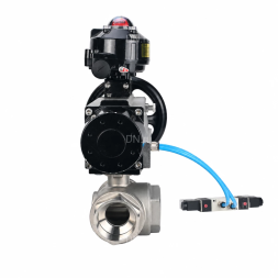 Кран шаровой BV3232P(4pc)-SP-3WL-T-ISO-H WDVF Ду65 Ру40 стандартнопроходной, 3-ходовой L-тип, внутренняя резьба, нержавеющая сталь AISI 316, PTFE, с пневмоприводом PA-DA-105-1, пневмораспределителем 4V320-08 AC220V и БКВ APL-510N EX