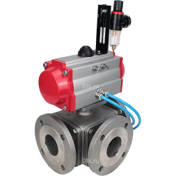 Кран шаровой BV3232P(4pc)-FP-3WL-F Ду20 Ру16 полнопроходной трехходовой, фланцевый, корпус - нержавеющая сталь SS316, с пневмоприводом PA-DA-052 двойного действия, пневмораспределителем 4V320-08 AC220V и БПВ AFC2000