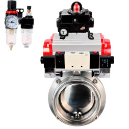 Затвор дисковый поворотный WBV3131E-2W-T-H Ду15 Ру10 резьбовой, пищевая нержавеющая сталь 304, уплотнение – EPDM, с пневмоприводом PA-DA-052, пневмораспределителем 4V320-10 AC220V, БКВ APL-410N EX и БПВ AFC2000