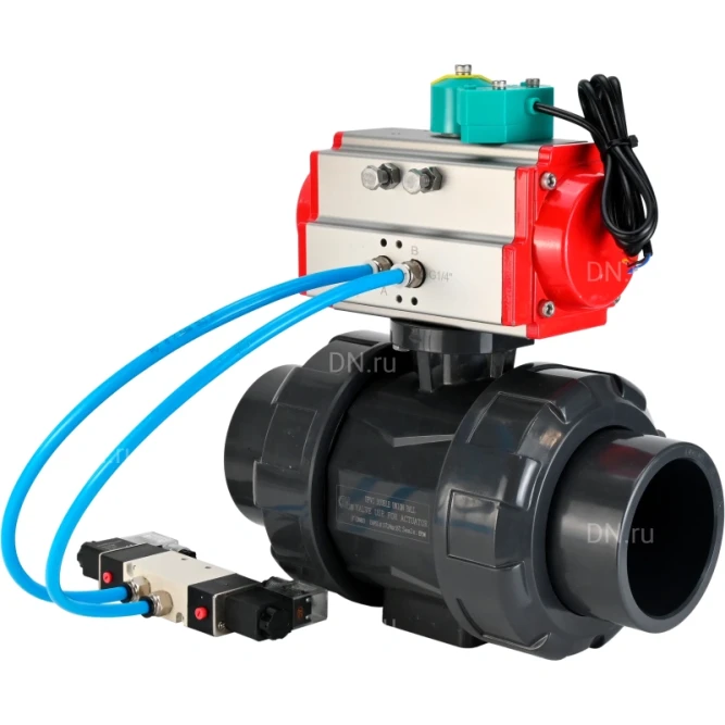 Кран шаровой BV4242E-FP-GRM-ISO Дн80 Ру10 полнопроходной, корпус - НПВХ, шар - НПВХ, уплотнение - EPDM, с пневмоприводом PA-SA-065, пневмораспределителем 4V320-10 AC220V и магнитным переключателем ALS200D в Уфе