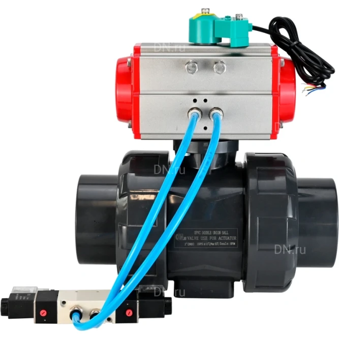 Кран шаровой BV4242E-FP-GRM-ISO Дн80 Ру10 полнопроходной, корпус - НПВХ, шар - НПВХ, уплотнение - EPDM, с пневмоприводом PA-SA-065, пневмораспределителем 4V320-10 AC220V и магнитным переключателем ALS200D в Уфе
