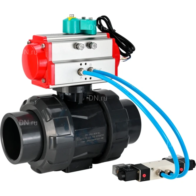 Кран шаровой BV4242E-FP-GRM-ISO Дн80 Ру10 полнопроходной, корпус - НПВХ, шар - НПВХ, уплотнение - EPDM, с пневмоприводом PA-SA-065, пневмораспределителем 4V320-10 AC220V и магнитным переключателем ALS200D в Уфе