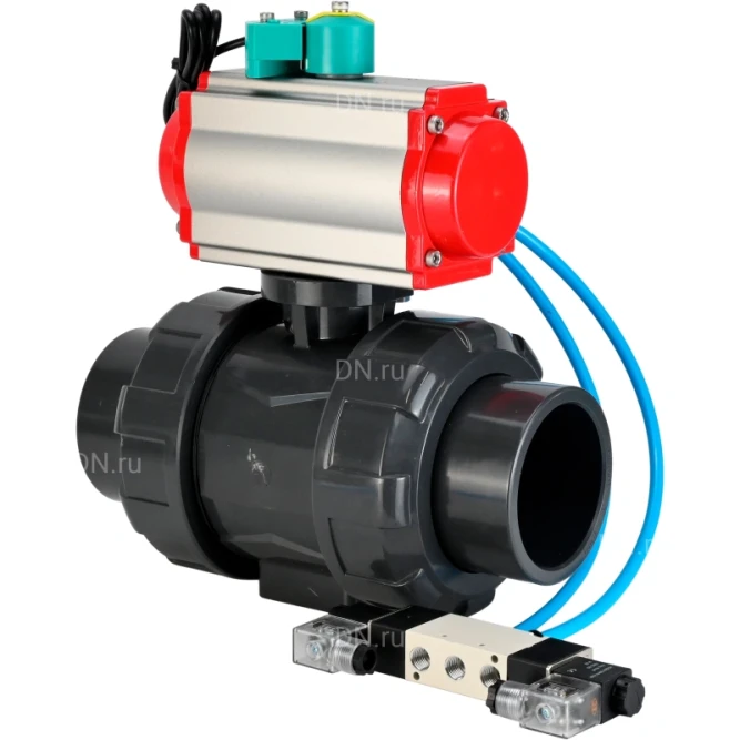 Кран шаровой BV4242E-FP-GRM-ISO Дн80 Ру10 полнопроходной, корпус - НПВХ, шар - НПВХ, уплотнение - EPDM, с пневмоприводом PA-SA-065, пневмораспределителем 4V320-10 AC220V и магнитным переключателем ALS200D в Уфе