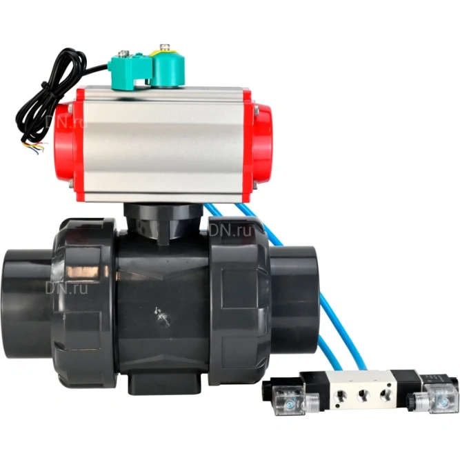 Кран шаровой BV4242E-FP-GRM-ISO Дн80 Ру10 полнопроходной, корпус - НПВХ, шар - НПВХ, уплотнение - EPDM, с пневмоприводом PA-SA-065, пневмораспределителем 4V320-10 AC220V и магнитным переключателем ALS200D в Уфе