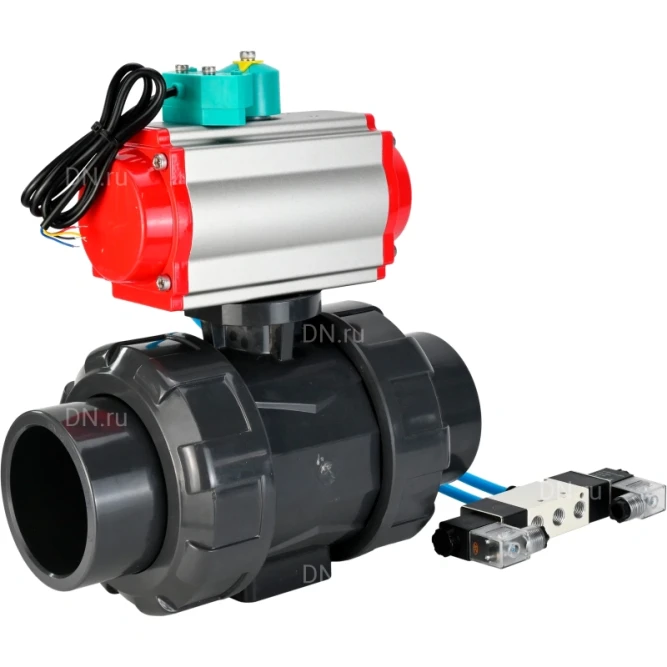Кран шаровой BV4242E-FP-GRM-ISO Дн80 Ру10 полнопроходной, корпус - НПВХ, шар - НПВХ, уплотнение - EPDM, с пневмоприводом PA-SA-065, пневмораспределителем 4V320-10 AC220V и магнитным переключателем ALS200D в Уфе
