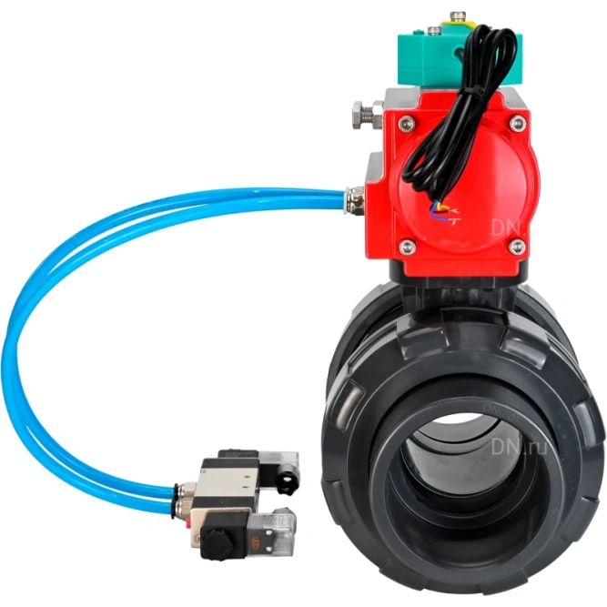 Кран шаровой BV4242E-FP-GRM-ISO Дн80 Ру10 полнопроходной, корпус - НПВХ, шар - НПВХ, уплотнение - EPDM, с пневмоприводом PA-SA-065, пневмораспределителем 4V320-10 AC220V и магнитным переключателем ALS200D в Уфе