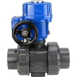 Кран шаровой BV4242E-FP-GRM-ISO Дн40 Ру10 полнопроходной, корпус - НПВХ, шар - НПВХ, уплотнение - EPDM, с электроприводом QT-N-005M-O2-380VAC-У1 с моментной муфтой и штурвалом