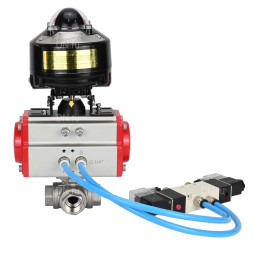 Кран шаровой BV3232P(4pc)-SP-3WL-T-ISO-H 2 1/2″ Ду65 Ру40 стандартнопроходной трехходовой L-тип, нержавеющая сталь SS316, внутренняя резьба, уплотнение - PTFE, с пн.приводом PA-DA-083 пн.распределителем 4V320-10 AC220V БКВ APL-510N-EX